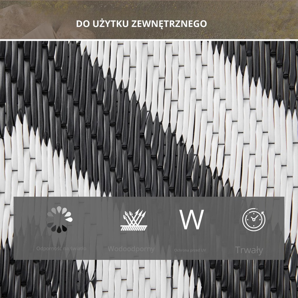 Outsunny Dywan Zewnętrzny Wodoodporny z Plastiku 152x243cm Wzór Czarno-Biały Stylowy i Praktyczny | Aosom PL