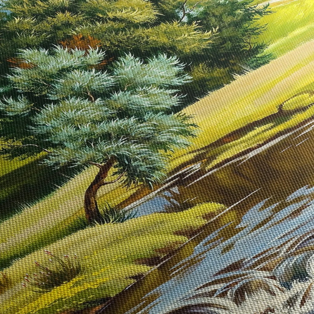 Obraz - rzeka między łąkami, obraz olejny (z zegarem) (90x30 cm)