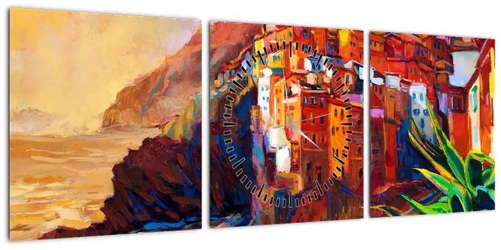 Obraz - Wieś na wybrzeżu Cinque Terre, Włoska Riviera, nowoczesny impresionism (z zegarem) (90x30 cm)