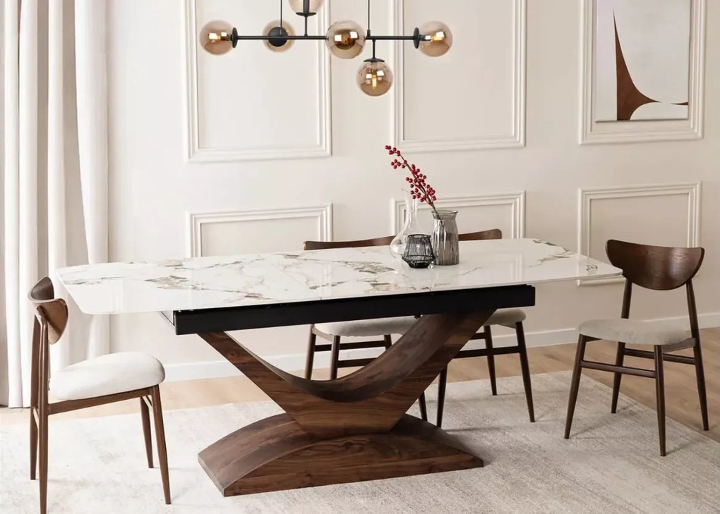 Stół rozkładany Vesta 160-200/90 – elegancki stół z ceramicznym blatem w kolorze białego marmuru