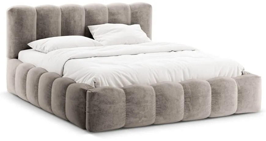 Jasnobrązowe tapicerowane łóżko dwuosobowe ze schowkiem i stelażem 200x200 cm Lupine – Micadoni Home