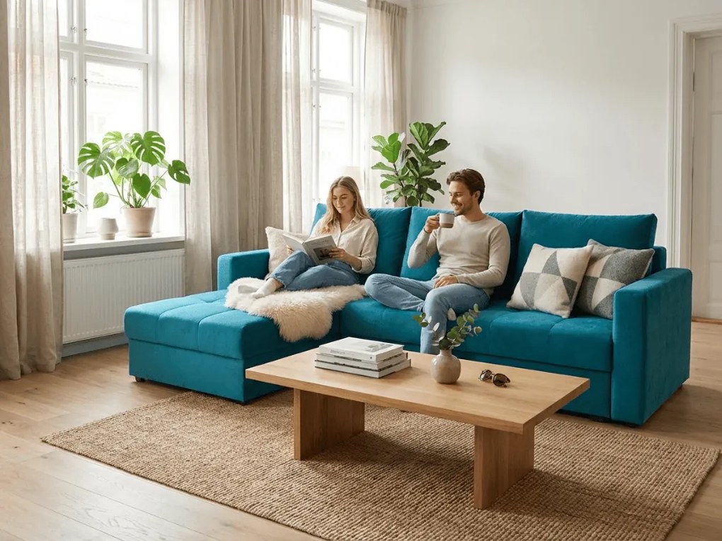 Niebieska rozkładana sofa narożna ZENOVA 220x140 cm, dwustronna