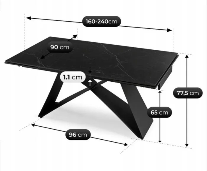 Zestaw Stół Prostokątny Rozkładany VICTOR 160-240 cm Czarny Marmur i 4 Krzesła MODESTO Czarne Welurowe Nowoczesne