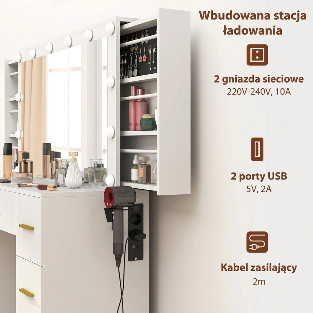 HOMCOM Toaletka z lustrem i 12 lampami LED, toaletka z 7 szufladami, 6 ukrytymi schowkami, płyta wiórowa, Biały