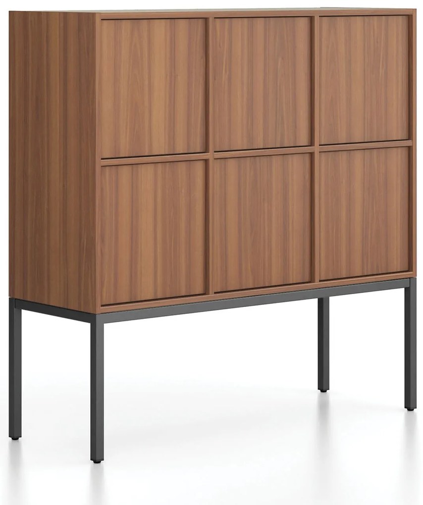 Szafa biurowa FRAME, niska, czarna podstawa, 6x drzwi, 1299 x 450 x 1331 mm, PUSH-Lock, orzech