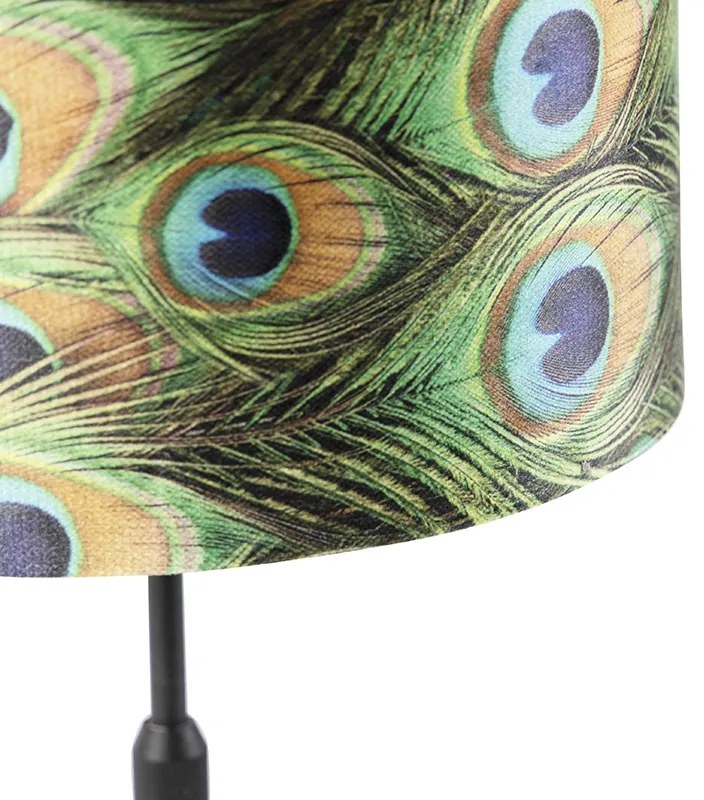 Lampa stołowa czarna z abażurem z aksamitu w kolorze pawia ze złotem 25 cm - Parte klasyczny/Antyczny Oswietlenie wewnetrzne