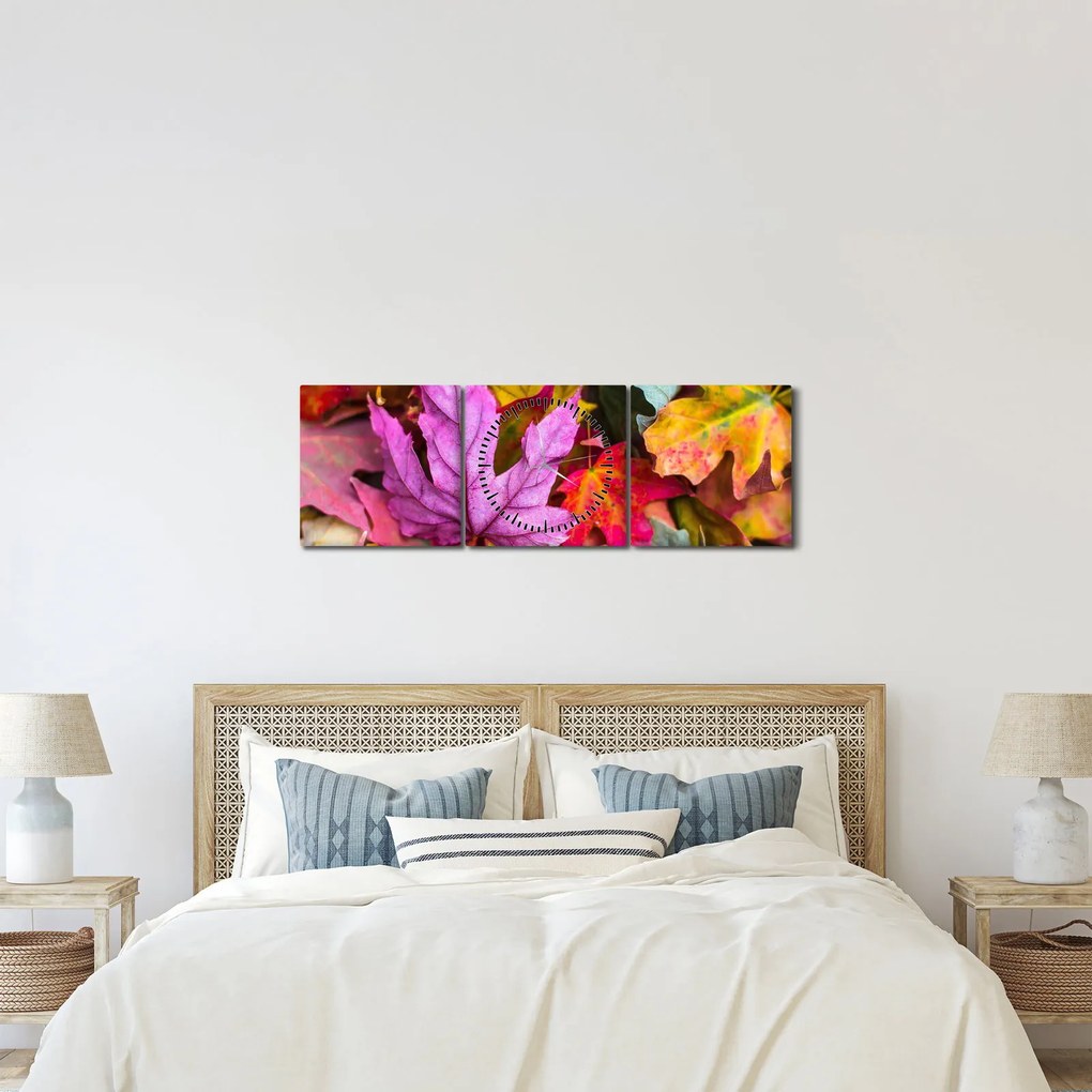 Obraz - jesienne liście (z zegarem) (90x30 cm)