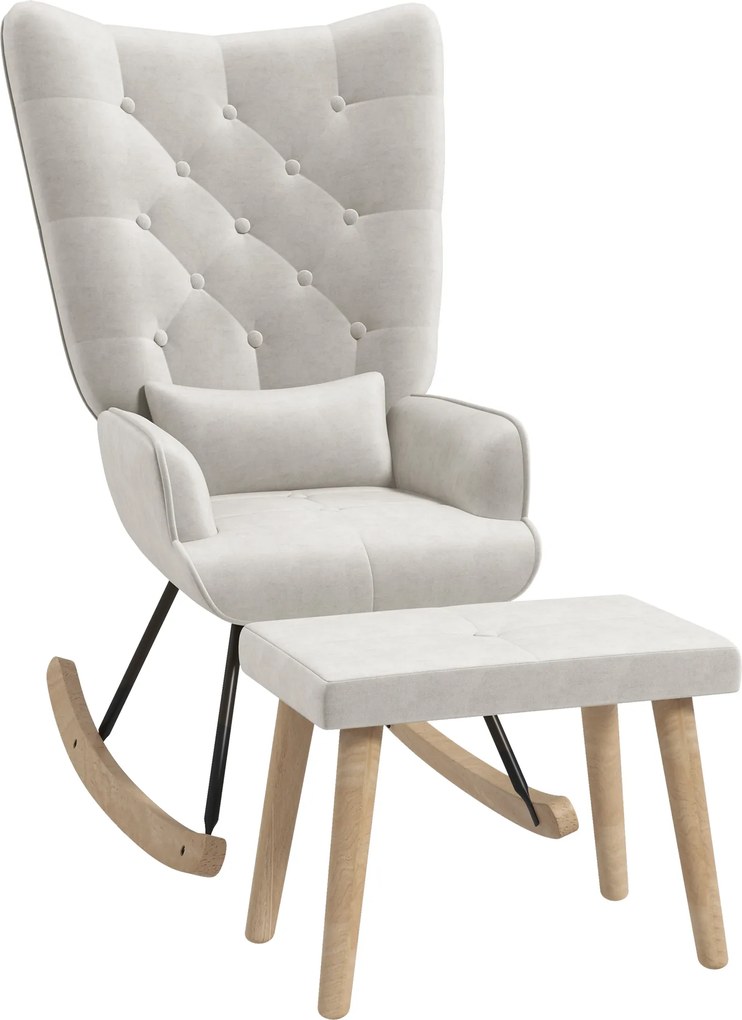 HOMCOM Fotel bujany z podnóżkiem, tapicerowany, z wysokim oparciem, wykończenie aksamitem, do 150 kg, Kremowy