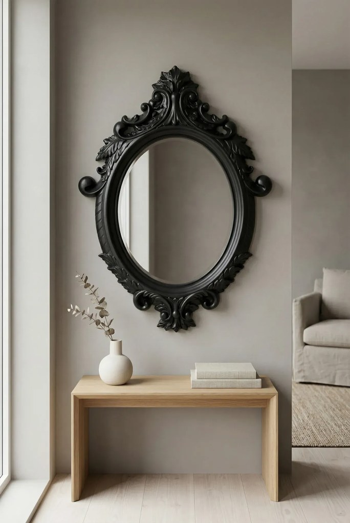 Czarne lustro ze zdobiona ramą w stylu boho N5-P93