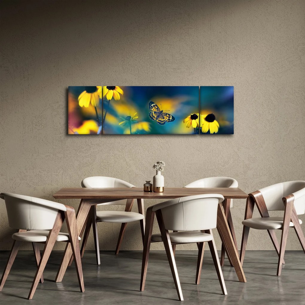 Obraz - Żółty motyl z kwiatami (170x50 cm)