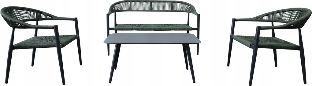 Zestaw mebli ogrodowych ciemnozielony, szara rama, ławka, 2 krzesła, stolik