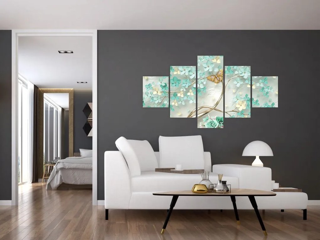 Obraz kwiata z motylami (125x70 cm)