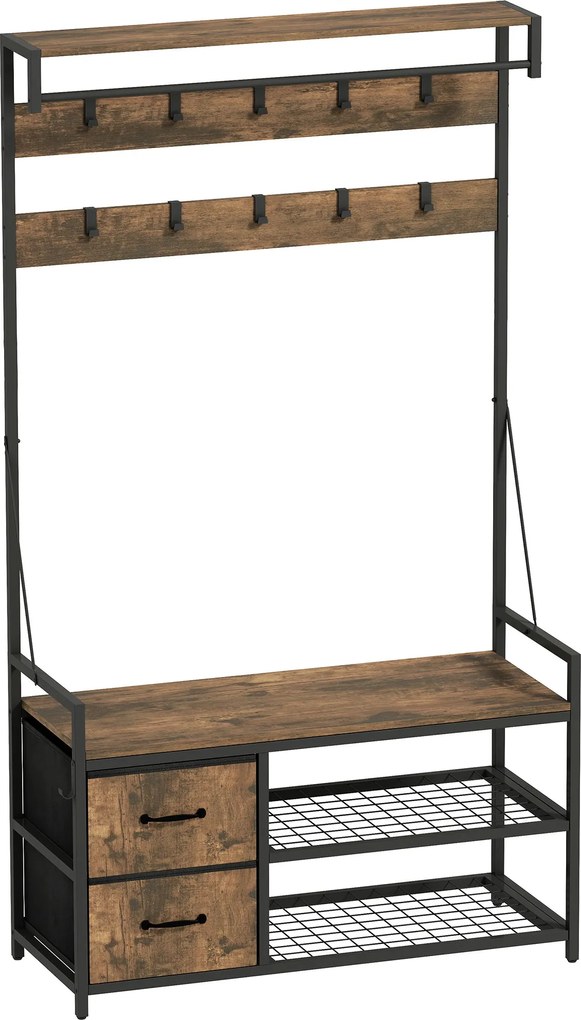 HOMCOM Stojak na ubrania 6 w 1 z ławką i regałem na buty, styl przemysłowy, 10 haków, 2 szuflady z tkaniny, metal, Brązowy