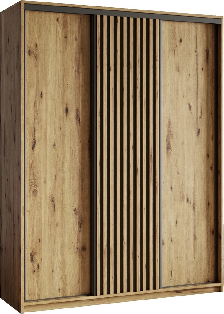 Szafa Przesuwna VONTE 150 cm z Lamelami Szafa Trzydrzwiowa z Szufladami Dąb Artisan