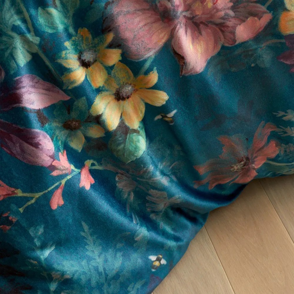 Zielononiebieska aksamitna pościel dwuosobowa 230x220 cm Bridgerton Romantic Floral – Catherine Lansfield