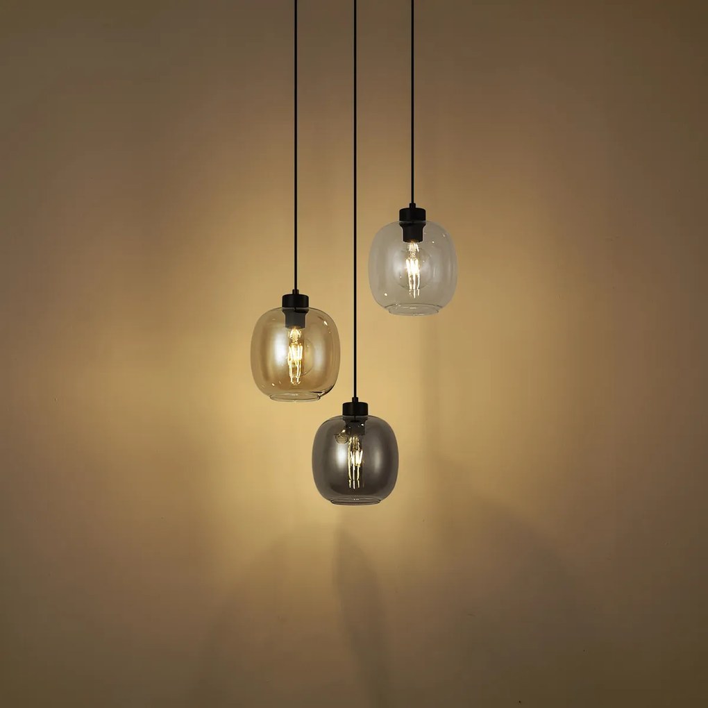 Lampa wisząca czarna z bursztynowym, przydymionym i przezroczystym szkłem 3-źródła światła - Elena