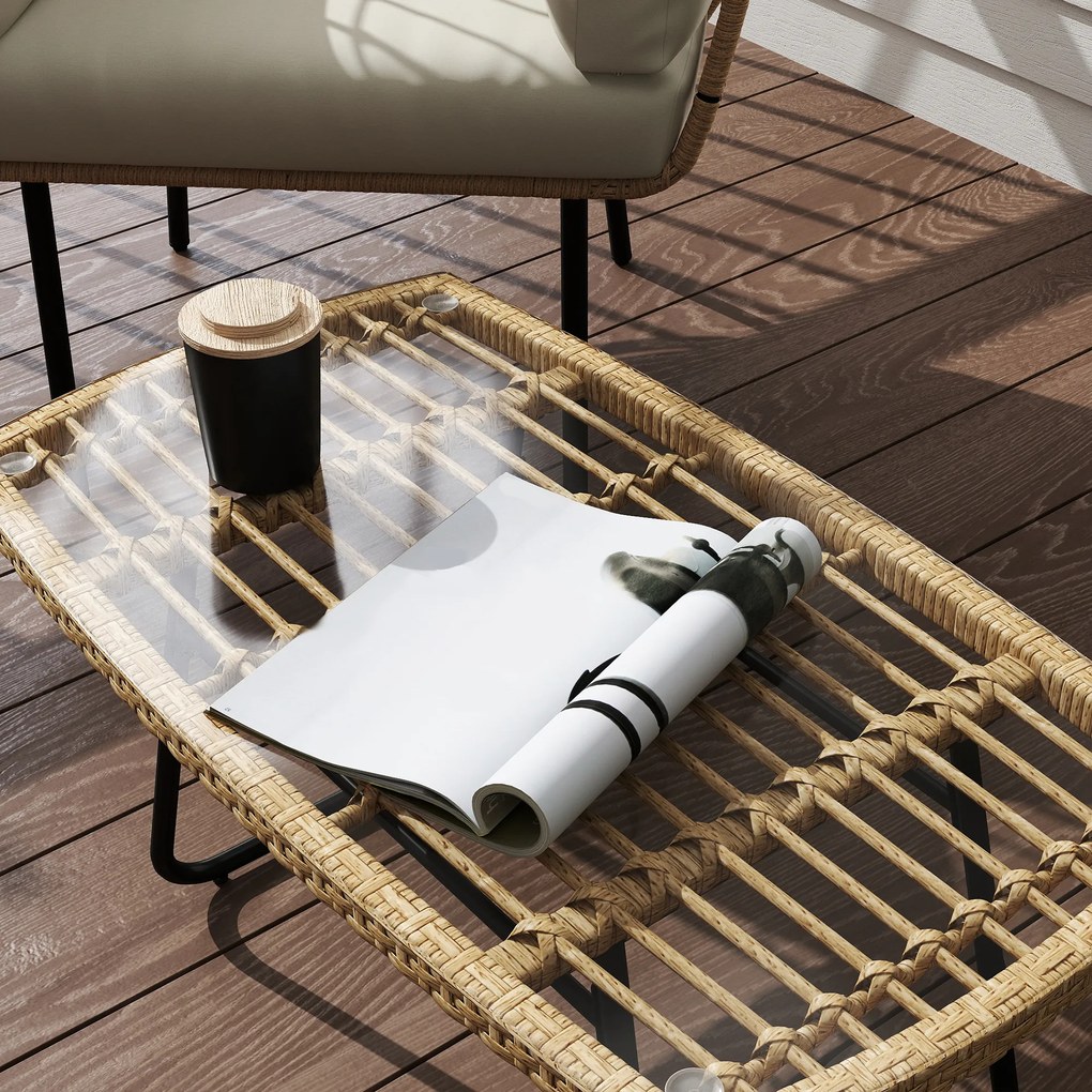 Outsunny Stolik Ogrodowy z Polirattanu, 90 x 50 x 45 cm, UV-Odporny z Blatem ze Szkła Naturalny