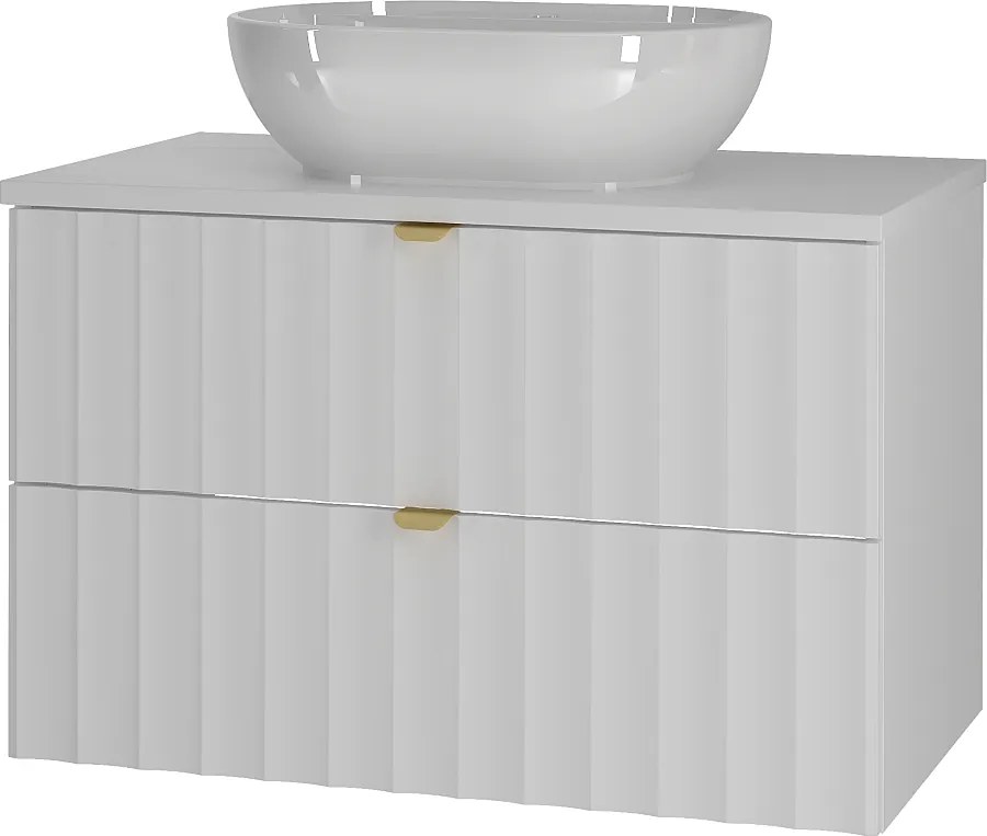Biały Zestaw Łazienkowy 80cm Szafka z Blatem Umywalka Ryflowane Fronty Arcos