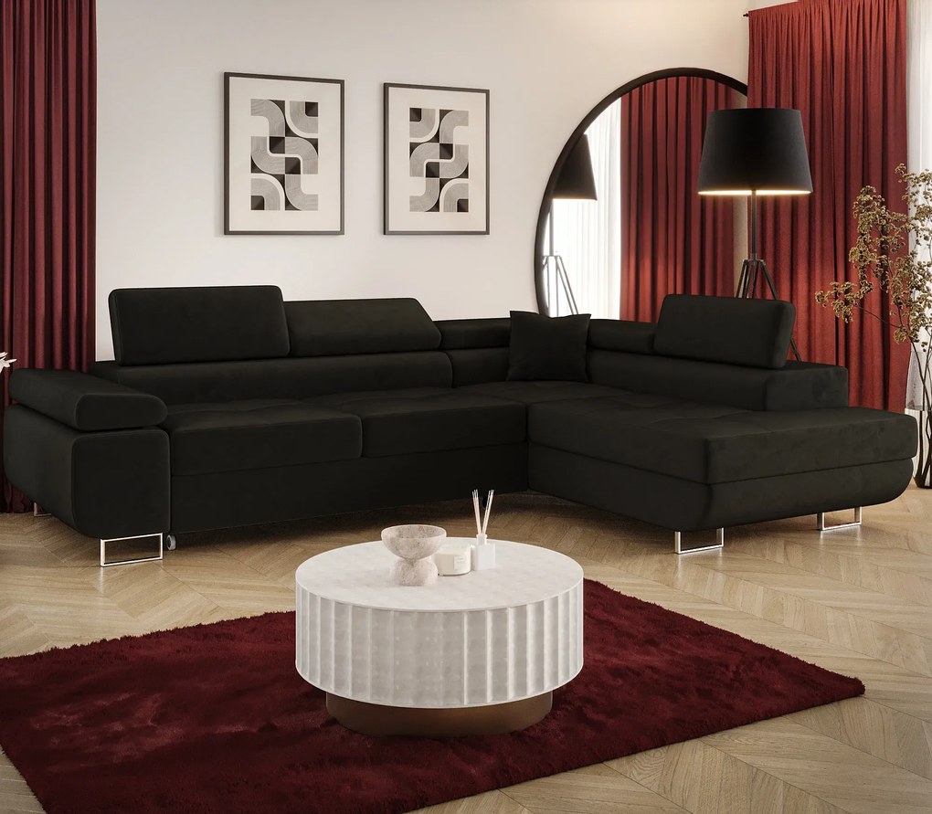 Czarny narożnik welurowy z funckją spania B9-H34