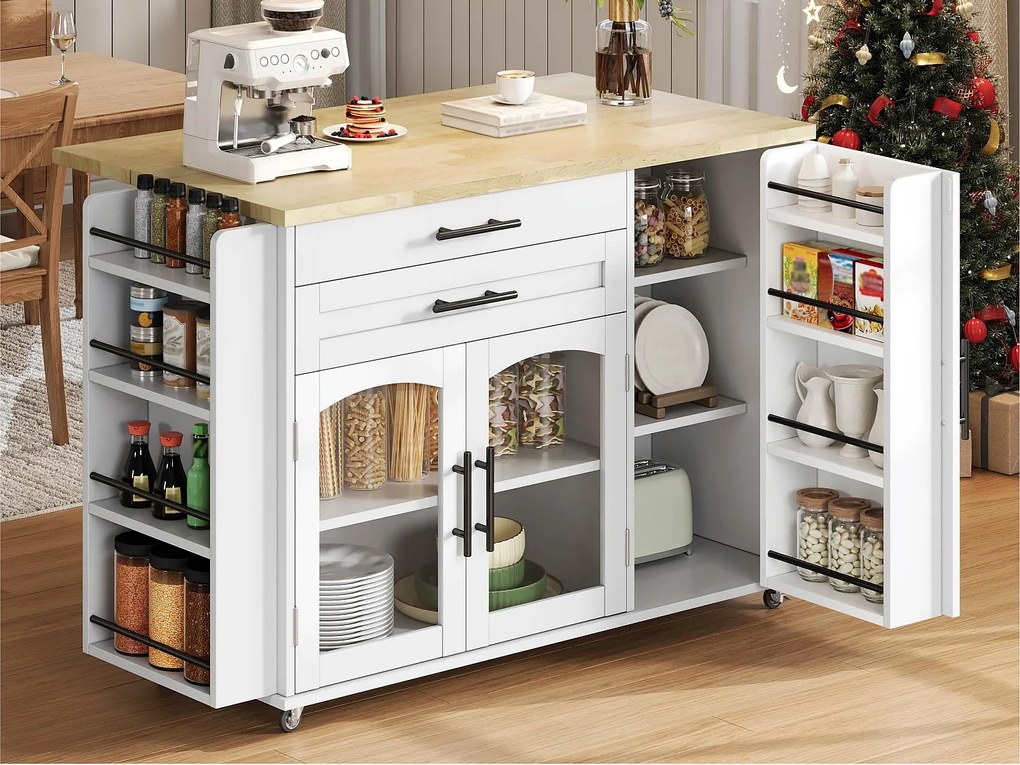 Mobilna centralna wyspa kuchenna - stół rozkładany - z miejscem do przechowywania i półką na przyprawy - z kółkami - Biały