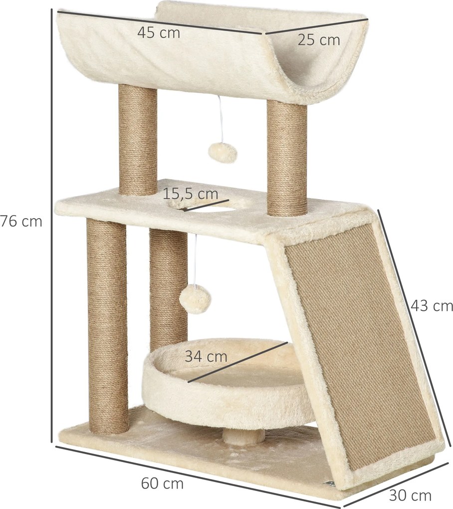 PawHut Drapak dla Kotów z Zabawką i Legowiskiem Kremowy i Naturalny 60x30x76cm Idealne Miejsce do Zabawy i Odpoczynku | Aosom PL