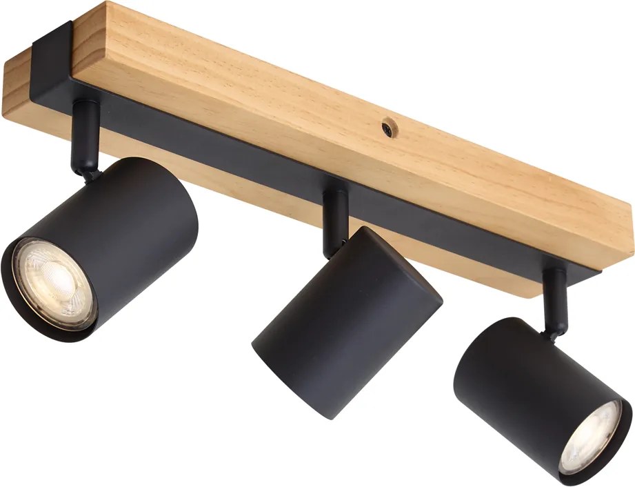 Lampa sufitowa czarna z drewnem, 3-punktowa, regulowana, prostokątna - Jeana