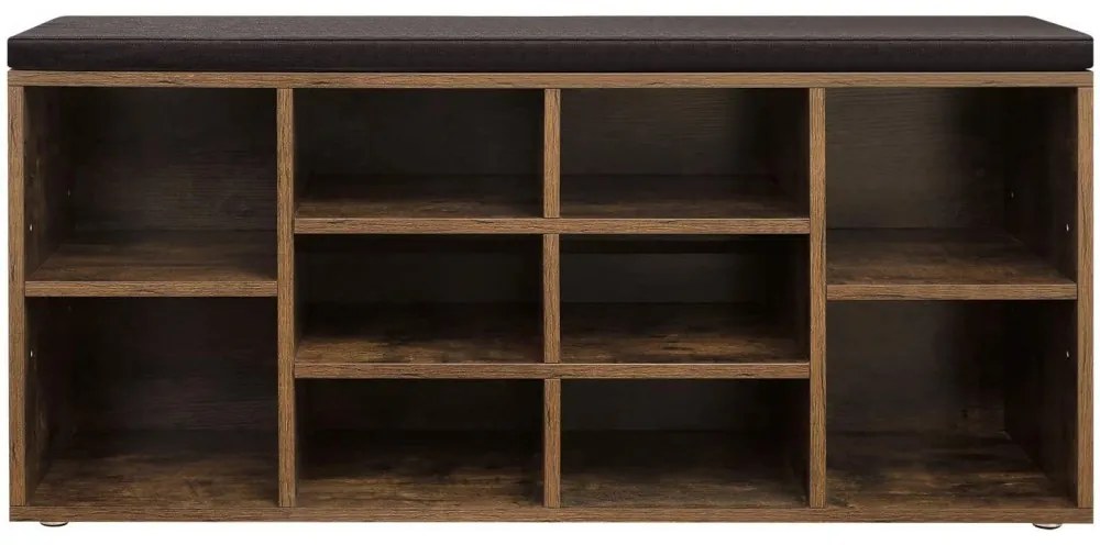 Szafka na buty z tapicerowaną ławką GABI, 10 przegródek, 104x30x48cm, czarna/ciemny brąz Jurhan