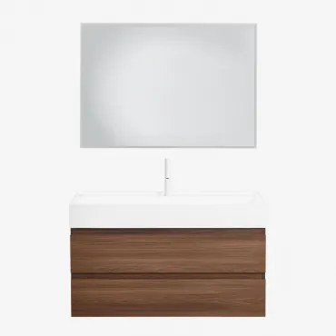Zestaw Wiszących Mebli Łazienkowych Z Drewna I Forniru Jesionowego Zintegrowany Z Umywalką Ona Prostokątna Lampa Led I Przeciwmgielna 100x70 Cm Riben