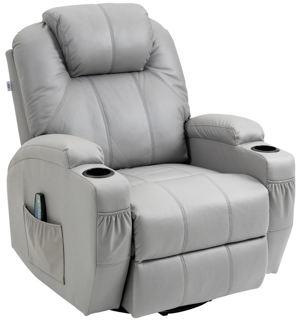 HOMCOM Fotel masujący z funkcją relaksu szary skórzany wygodny fotel do salonu z masażem | Aosom PL