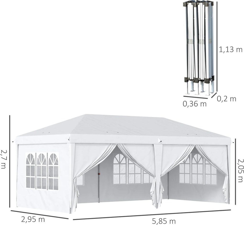 Outsunny Namiot składany 6m x 3m, z odłączanymi ścianami, dużymi oknami, drzwiami na suwak, stalowa rama, Biały