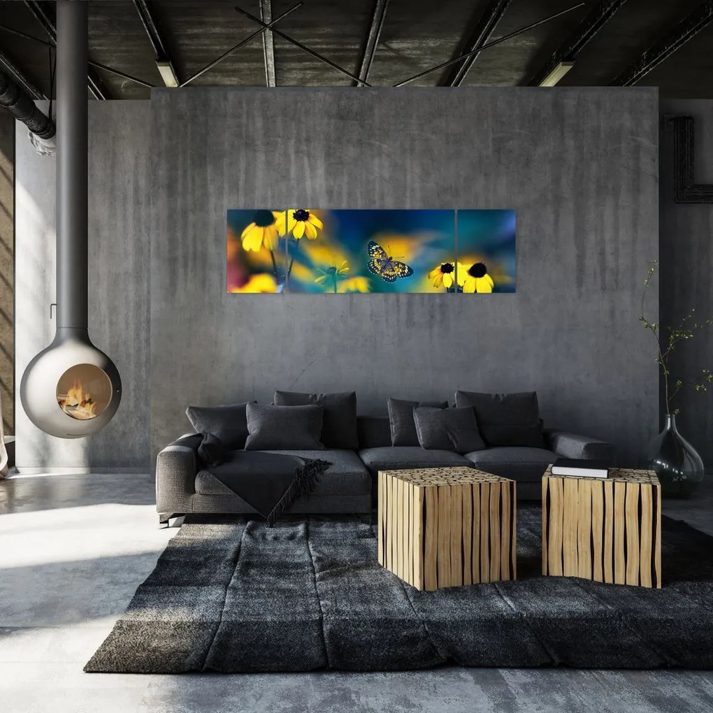 Obraz - Żółty motyl z kwiatami (170x50 cm)