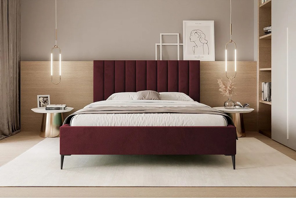 Mona SLIM III w tkaninie VELUTTO, wygodne łóżko tapicerowane - ergonomiczne podparcie pleców 120x200 cm, bordowy