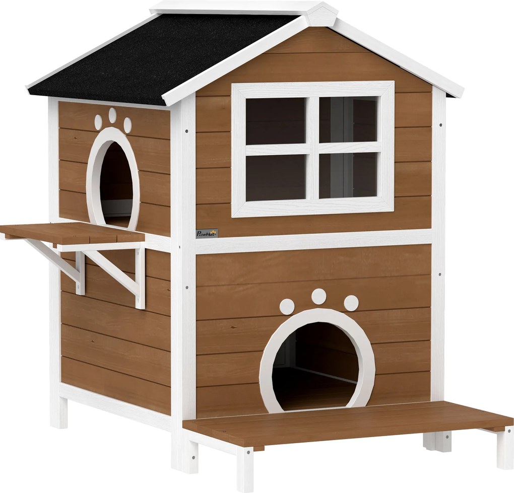 PawHut Zewnętrzna chatka dla kota z wodoodpornym dachem, oknem, balkonem, wymiennym dnem, na 2 poziomy, dla 1-2 kotów, Brąz