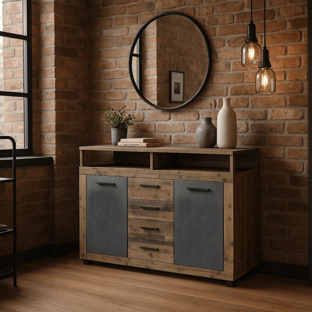 Komoda Dwudrzwiowa z Szufladami BLAGO MIDI B 119,5 cm Ciemny Dąb/Czarny Loft