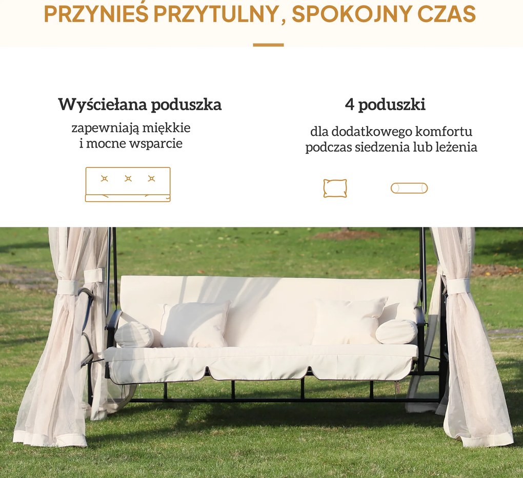 Outsunny huśtawka ogrodowa z dachem i ściankami bocznymi 3-osobowa beżowa przestronna 256x172x248cm | Aosom PL