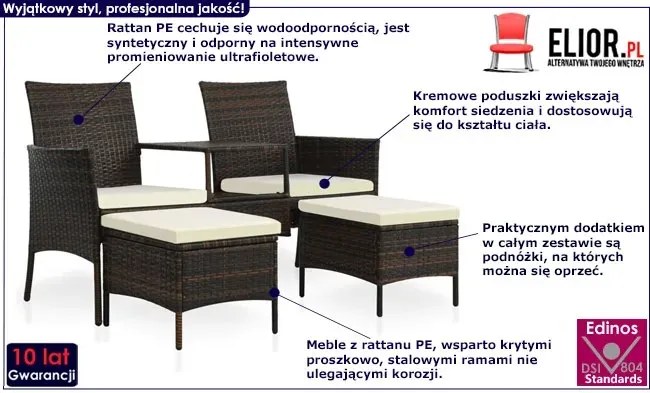Brązowa sofa ogrodowa z polirattanu ze stolikiem – Fadex