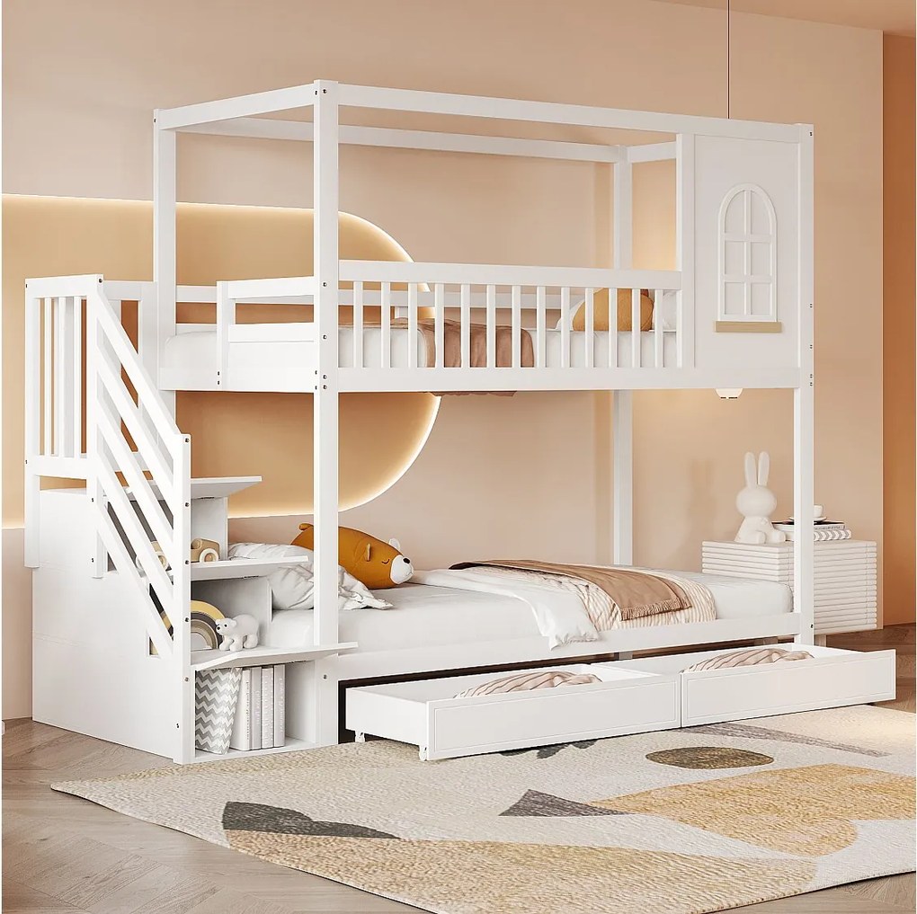 Łóżko piętrowe 2 x 90 x 200 cm z 2 szufladami + półki + schodki - lite drewno - białe