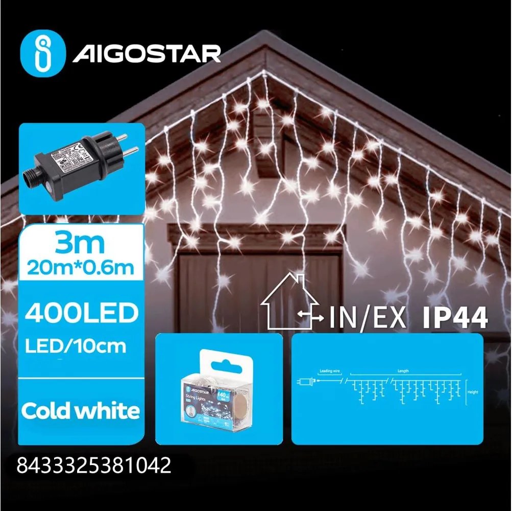 Aigostar - zewnętrzny łańcuch LED, 400 diod LED / 8 trybów, 23 x 0,6 m, IP44, zimna biel