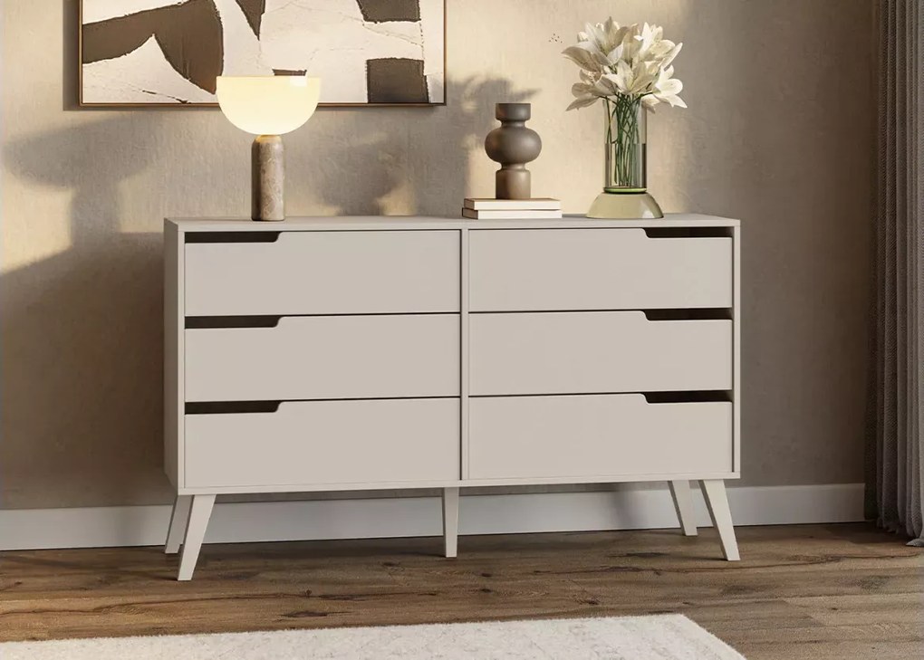 Komoda Clover II – nowoczesna komoda z 6 szufladami, frezowanymi frontami i drewnianymi nogami