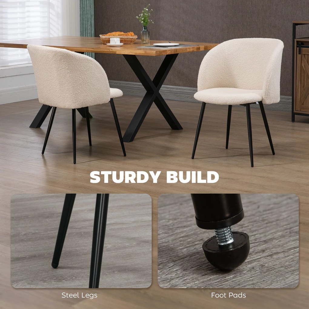 HOMCOM Zestaw 2 krzeseł jadalnych, krzesła tapicerowane z materiału, krzesła kuchenne ze stalowymi nogami, z ergonomicznym oparciem, kremowe