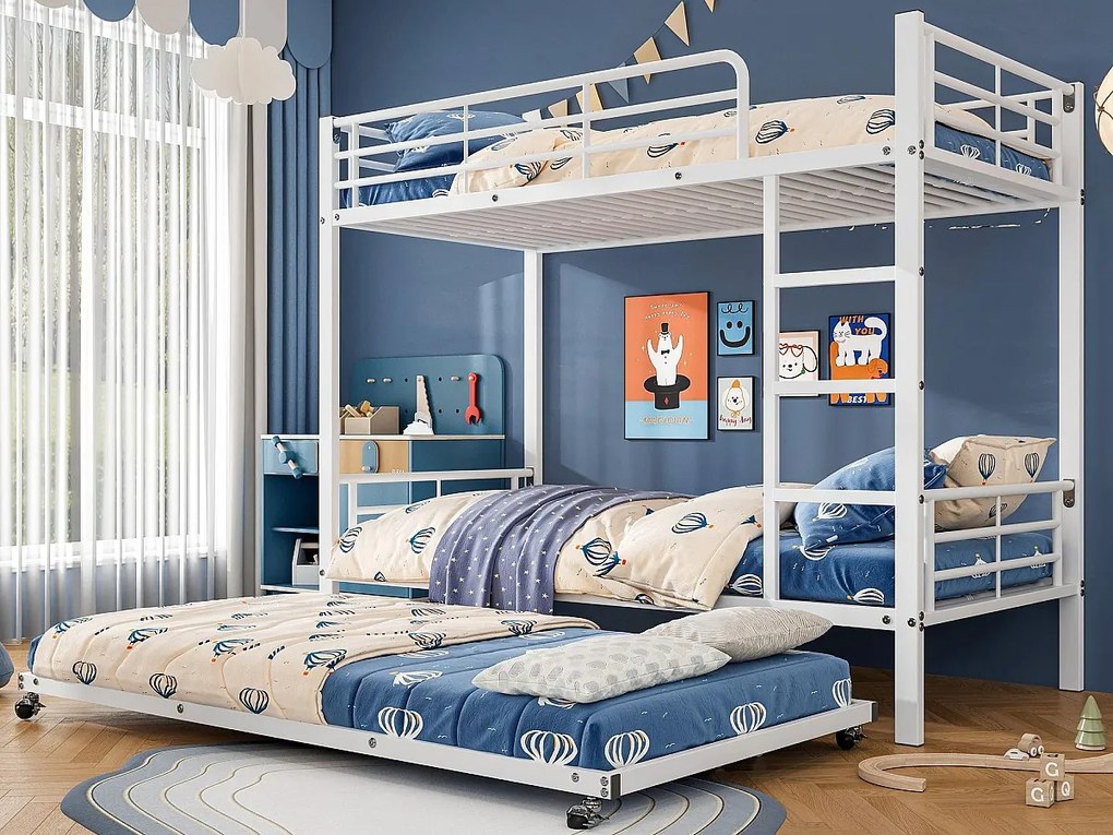 Łóżko piętrowe z żelaza kute 90x200 cm - z łóżkiem wysuwanym 90x190 cm - Białe