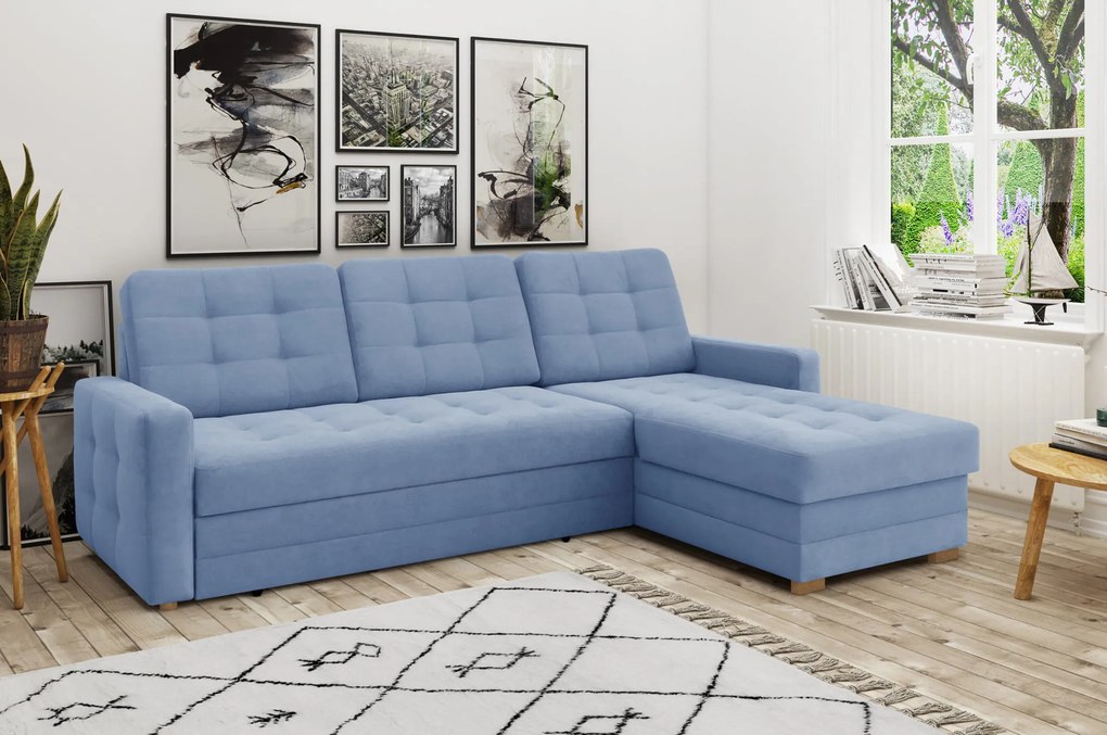 Narożnik tapicerowany CORIA 245x160 cm turkusowy z funkcją spania z pojemnikiem nowoczesny