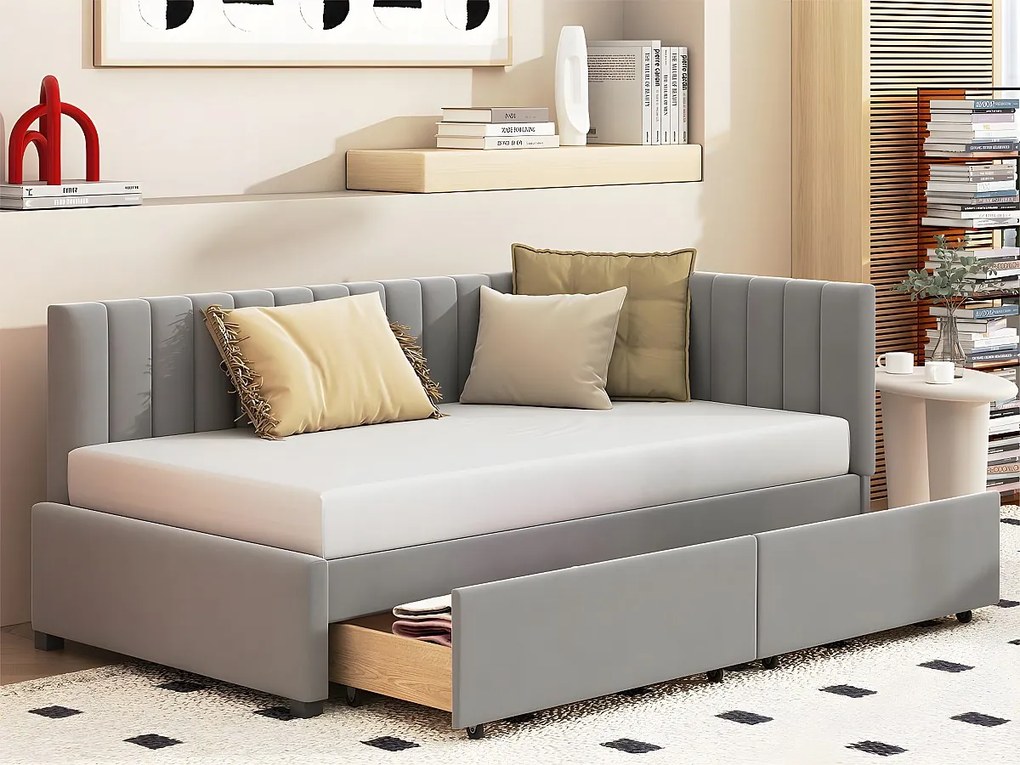 Łóżko tapicerowane welurowe 90x200cm - z 2 dużymi szufladami i stelażem na listwy - Szare