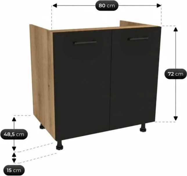 Zestaw Mebli Kuchennych MODERN 170 cm Czarny/Dąb Evoke Loftowy