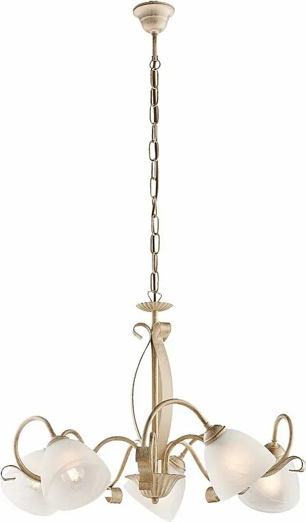 Kuty żyrandol z lakierowanego żelaza w kolorze kości słoniowej, dekor stare złoto, klosze z białego szkła alabastrowego Ø13 cm, 5 świateł, Ø64 cm