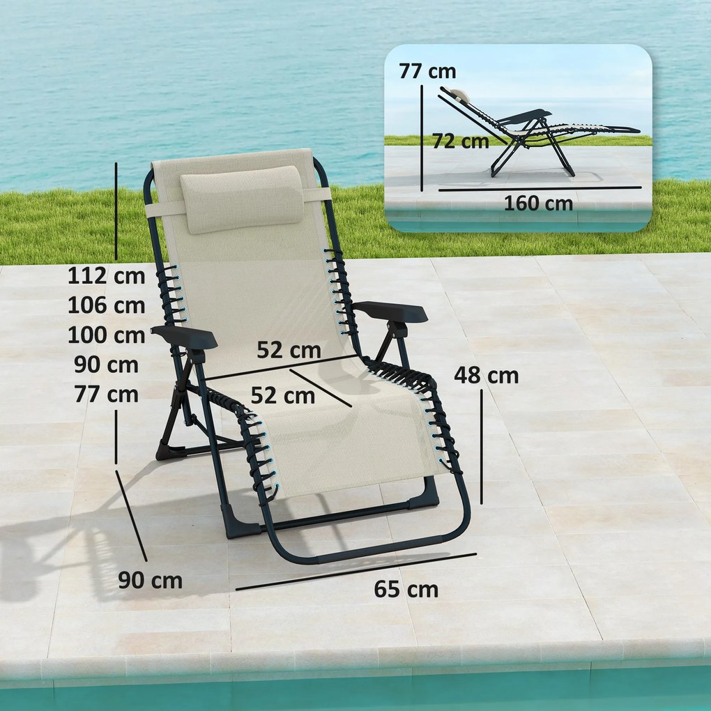 Outsunny Składany leżak ogrodowy z poduszką, regulacja oparcia na 5 poziomów do 120 kg Beżowy