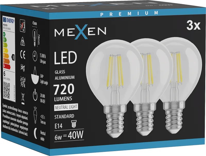 Mexen Vintis 3x żarówka filament LED E14, G45, 6W, Neutralna - 4000K, 720 lm, clear - L156-E14-0640-00x03