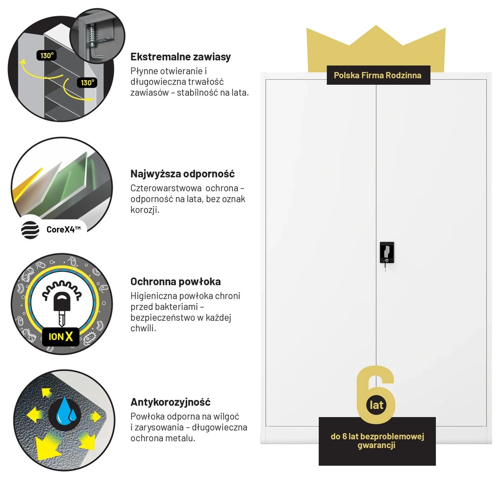 Szafa biurowa metalowa na akta biała JAN II, 1150 x 1850 x 400 mm