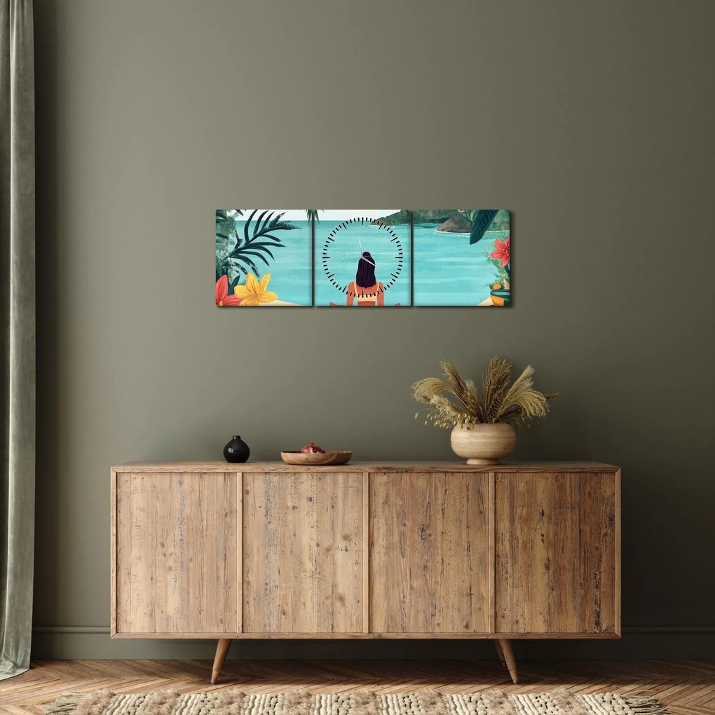 Obraz - Joginka na plaży (z zegarem) (90x30 cm)