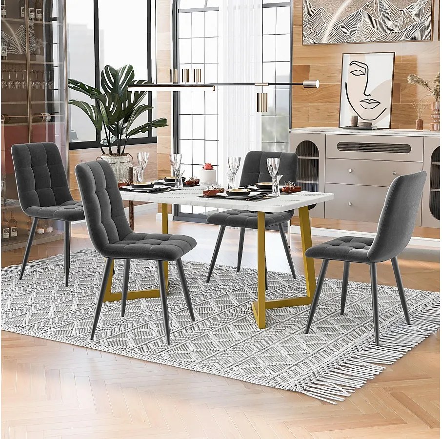 Zestaw stołowy 117 x 68 cm z 4 krzesłami tapicerowanymi welurem - nogi metalowe w kolorze złotym - biały + ciemnoszary